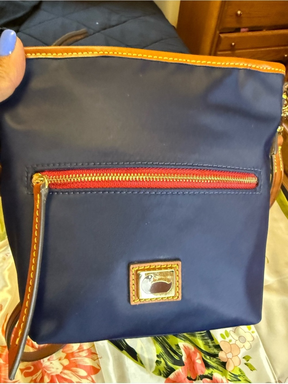 Dooney & Bourke Navy Nylon Crossbody with Brown Leather Trim - Picture 2 of 14
